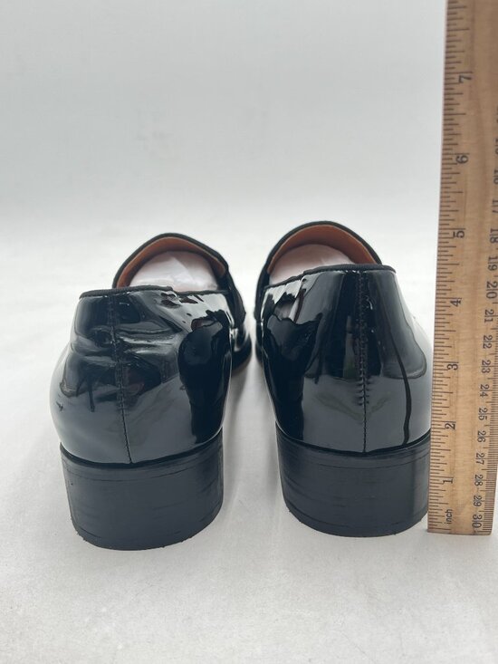 FSJ Black Men\'s Square Toe Slip-On Loafers Patent Leather Strap Across Shoes